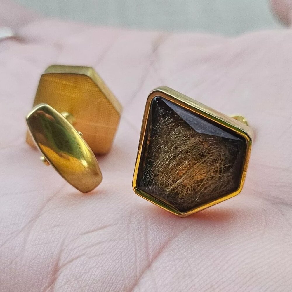 Men Cuff Links Brown Faux Stone Gold Tone Fashion Jewelry Cuff Stud Cufflink New - Picture 10 of 10